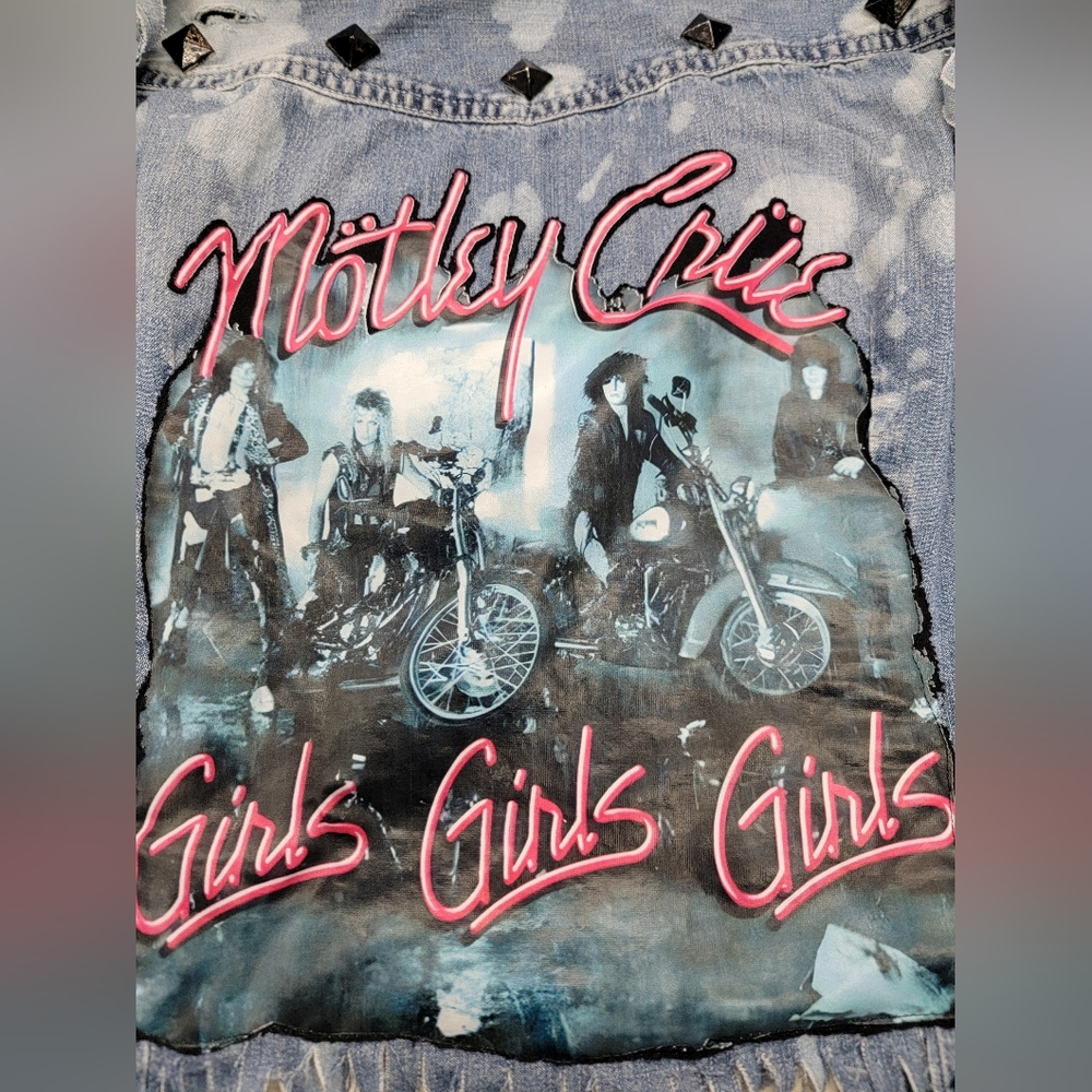 Motley Crue Fringed Denim Jean Shirt Vest  Upcycled Rock Couture - Picture 3 of 12